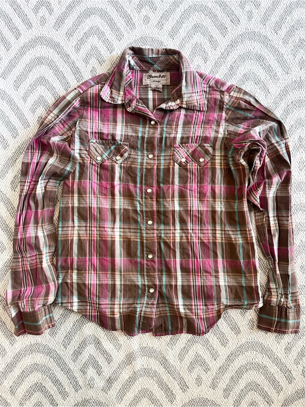 WRANGLER // WRANCHER Womens Brown Pink Plaid Pearl Snap Long Sleeve Shirt Medium